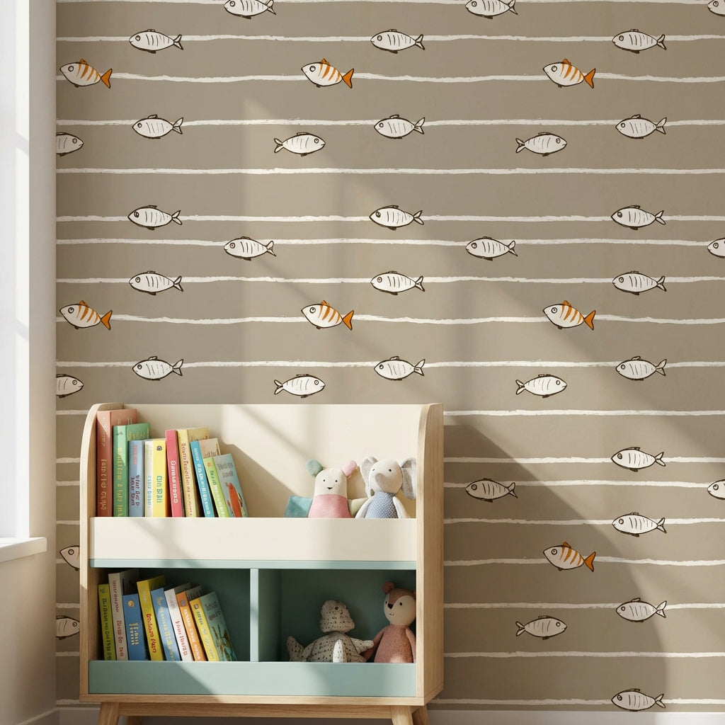 Fish Wallpaper Striped Contemporary Decorative Mural