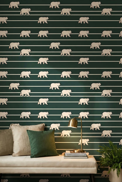 Modern Bears Wallpaper Striped Dark Green Decorative Mural