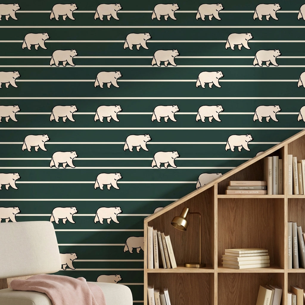 Modern Bears Wallpaper Striped Dark Green Decorative Mural