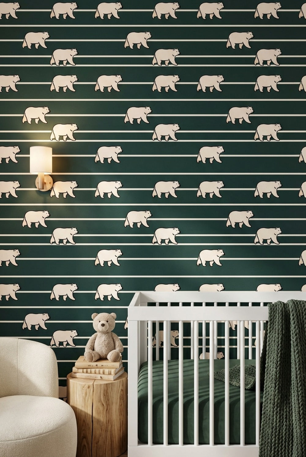 Modern Bears Wallpaper Striped Dark Green Decorative Mural