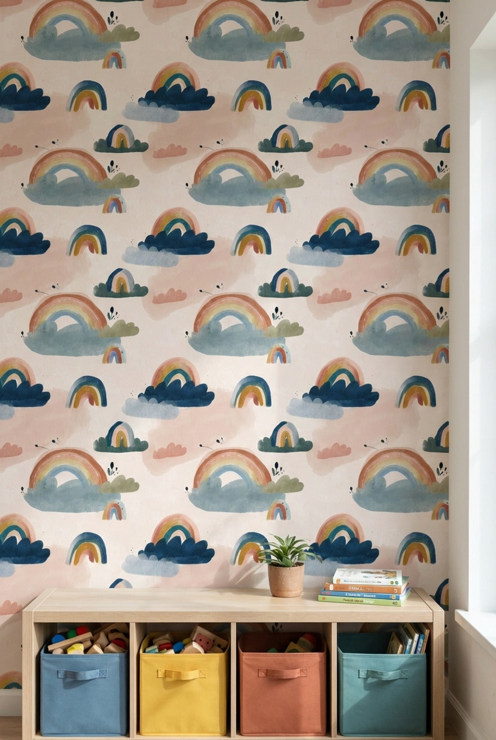 Pastel Rainbow Wallpaper Whimsical Clouds Removable Wall Decor