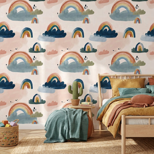 Pastel Rainbow Wallpaper Whimsical Clouds Removable Wall Decor