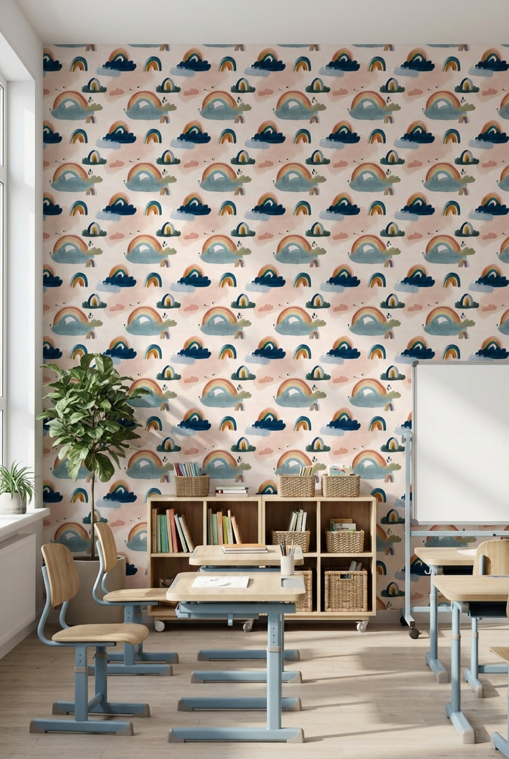 Pastel Rainbow Wallpaper Whimsical Clouds Removable Wall Decor