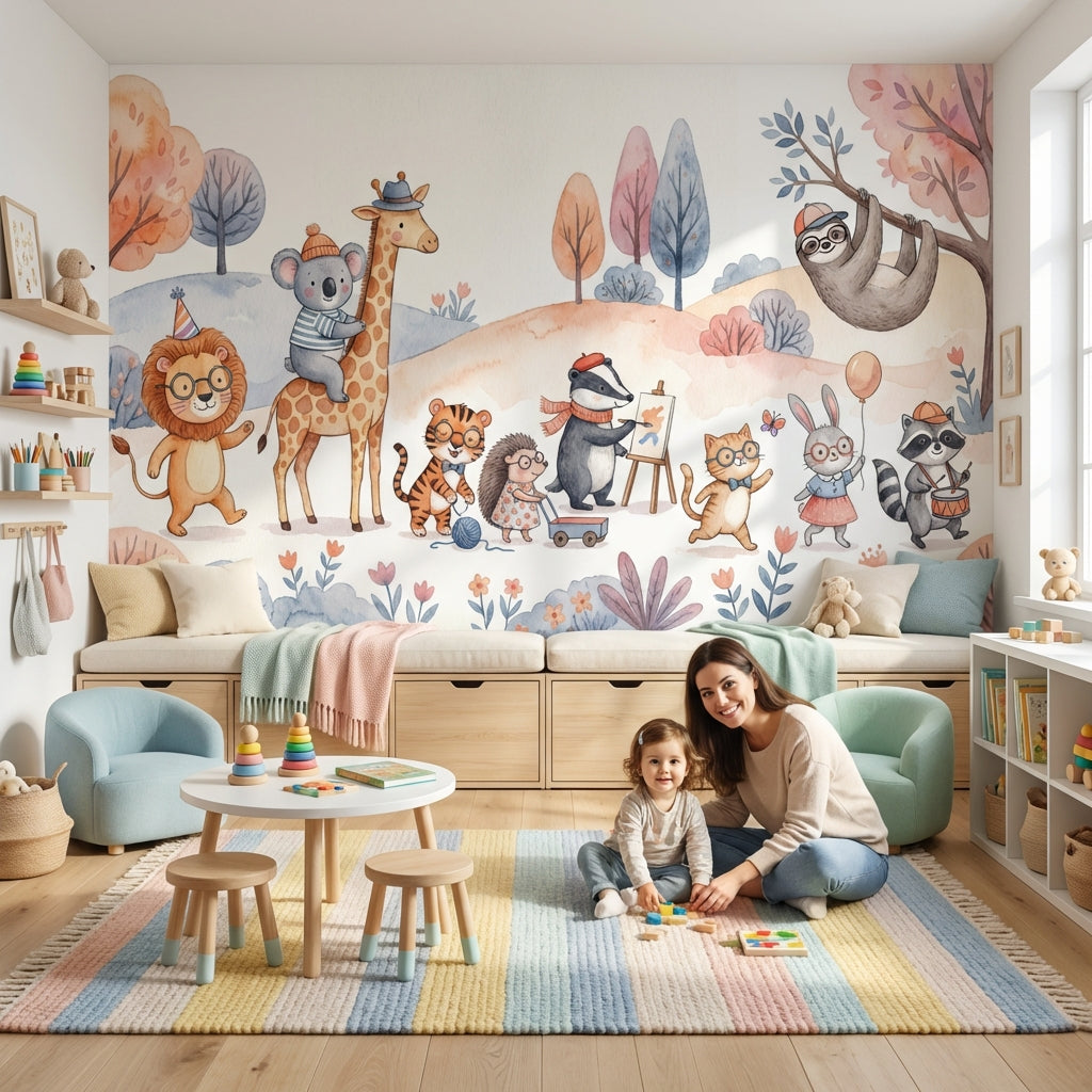 Playful Animals Wallpaper Whimsical Cartoon Wall Mural