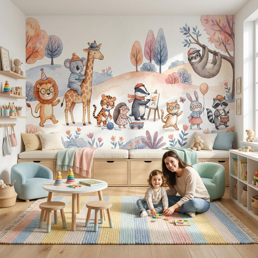 Playful Animals Wallpaper Whimsical Cartoon Wall Mural