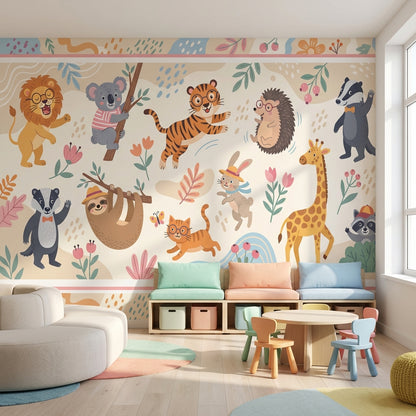 Whimsical Animals Wallpaper Cartoon Floral Wall Mural