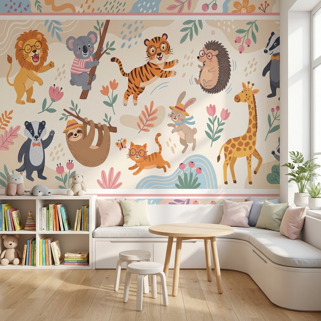 Whimsical Animals Wallpaper Cartoon Floral Wall Mural