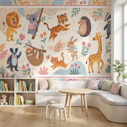 Whimsical Animals Wallpaper Cartoon Floral Wall Mural