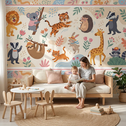 Whimsical Animals Wallpaper Cartoon Floral Wall Mural