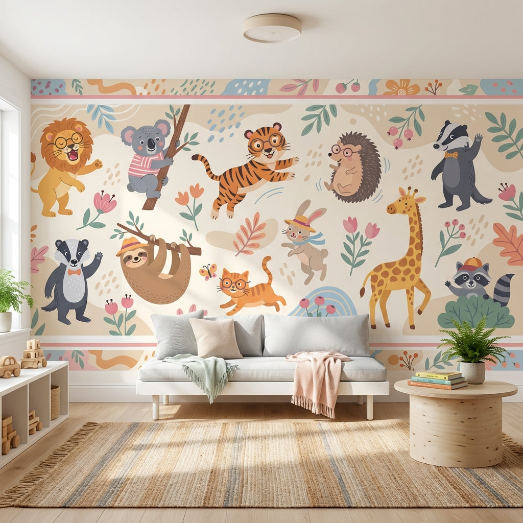 Whimsical Animals Wallpaper Cartoon Floral Wall Mural