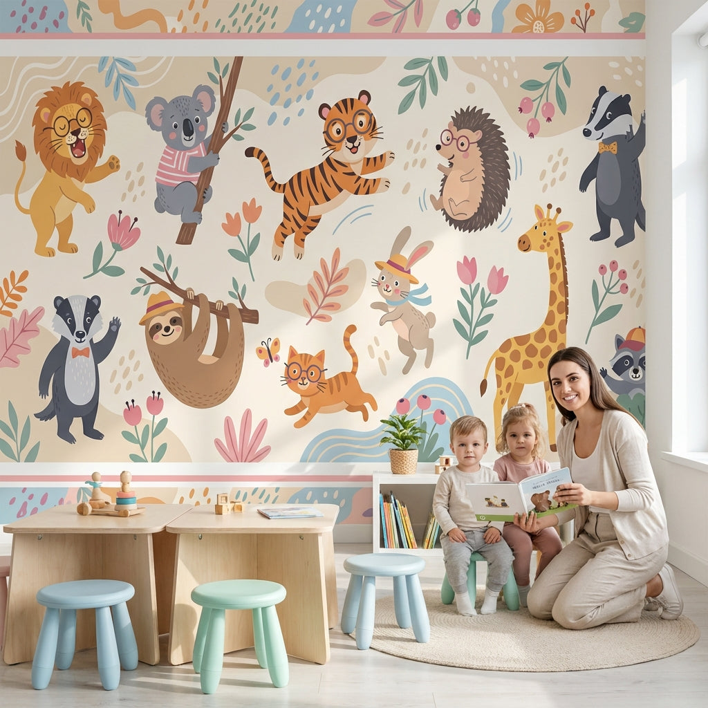 Whimsical Animals Wallpaper Cartoon Floral Wall Mural
