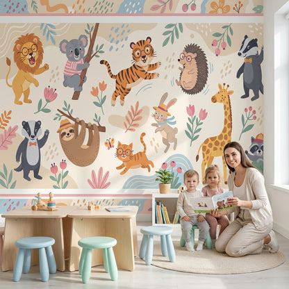 Whimsical Animals Wallpaper Cartoon Floral Wall Mural