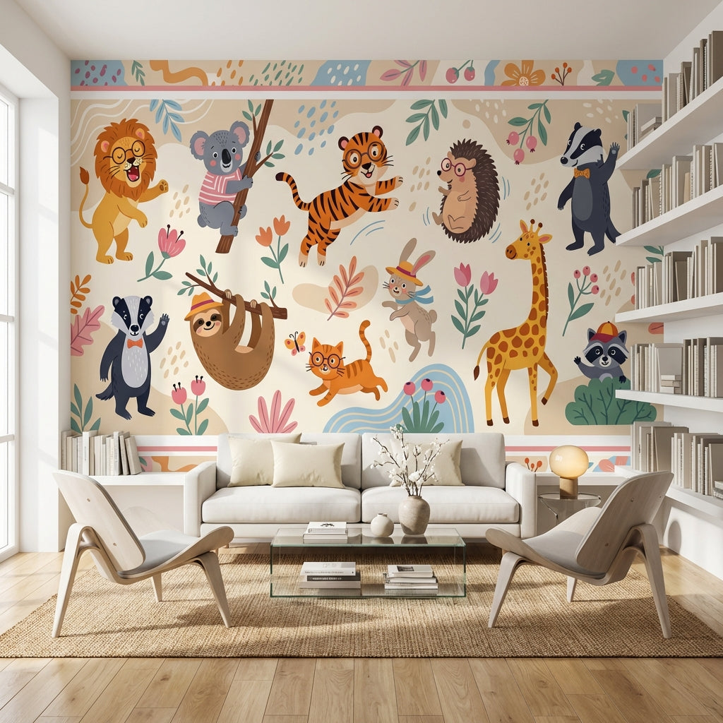 Whimsical Animals Wallpaper Cartoon Floral Wall Mural