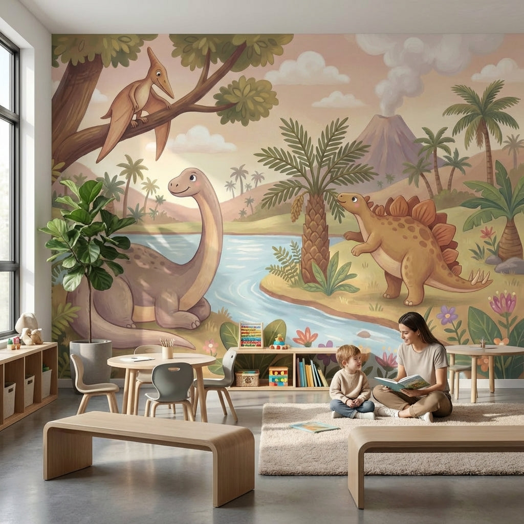 Dinosaur Landscape Wallpaper Volcano Prehistoric Wall Decor