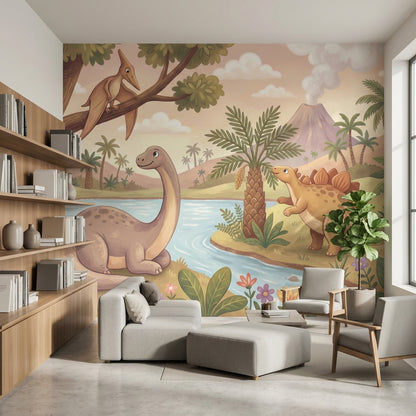Dinosaur Landscape Wallpaper Volcano Prehistoric Wall Decor