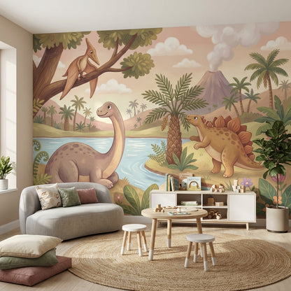 Dinosaur Landscape Wallpaper Volcano Prehistoric Wall Decor