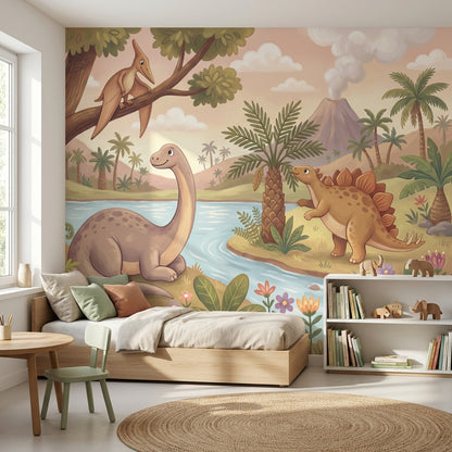 Dinosaur Landscape Wallpaper Volcano Prehistoric Wall Decor