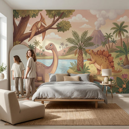 Dinosaur Landscape Wallpaper Volcano Prehistoric Wall Decor