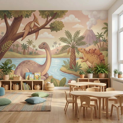 Dinosaur Landscape Wallpaper Volcano Prehistoric Wall Decor