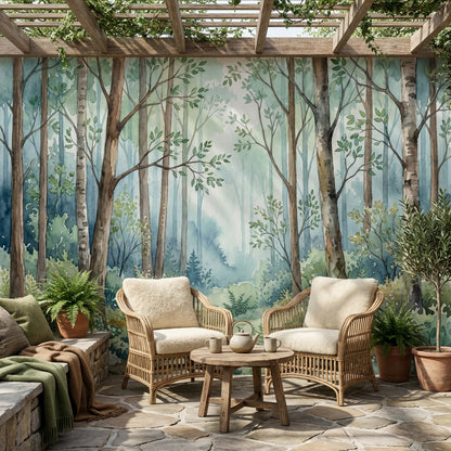 Shades Of Green Wallpaper Watercolor Trees Wall Mural