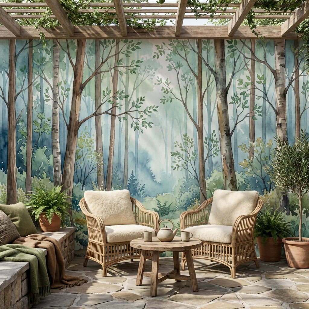 Shades Of Green Wallpaper Watercolor Trees Wall Mural – Ready-to-Ship Outlet
