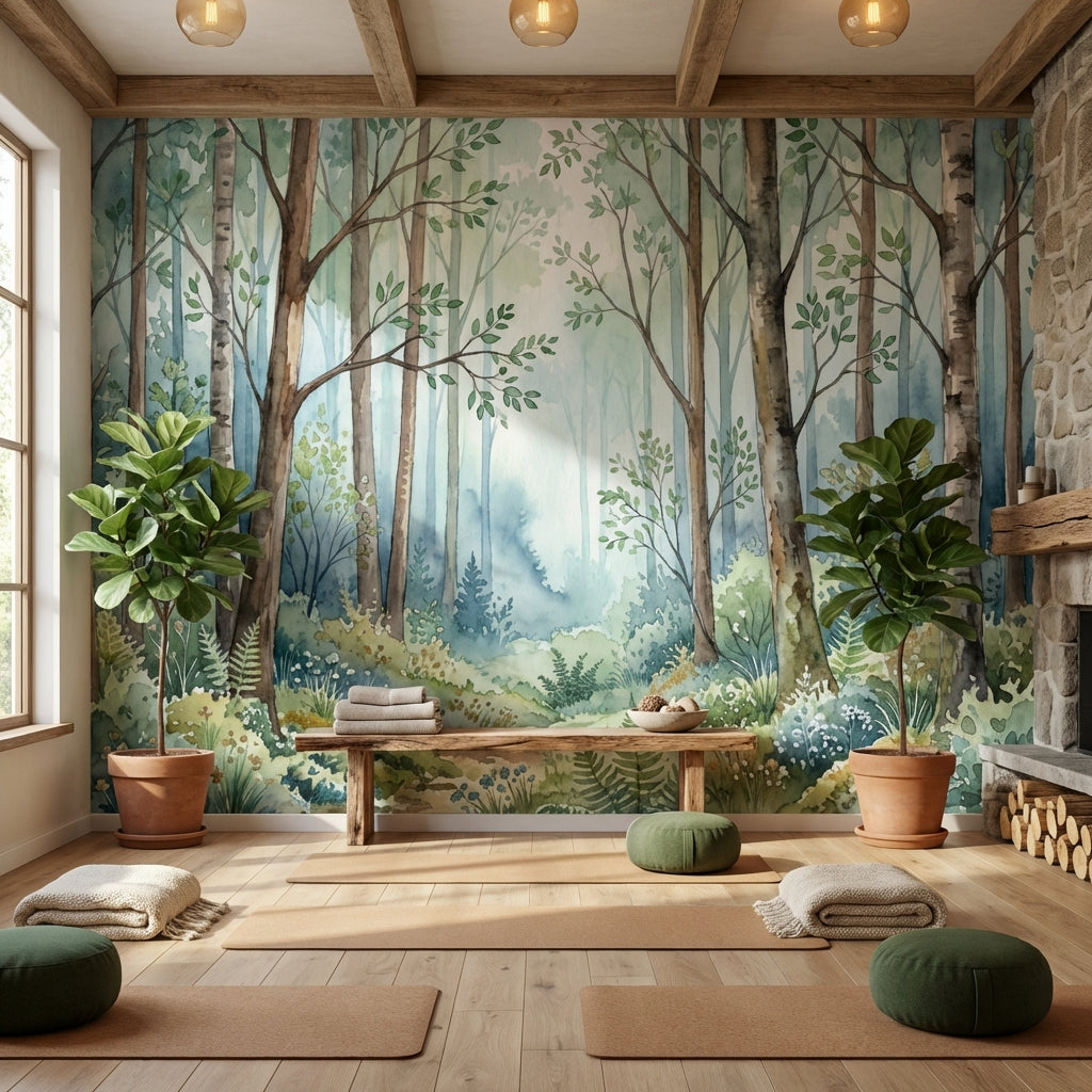 Shades Of Green Wallpaper Watercolor Trees Wall Mural