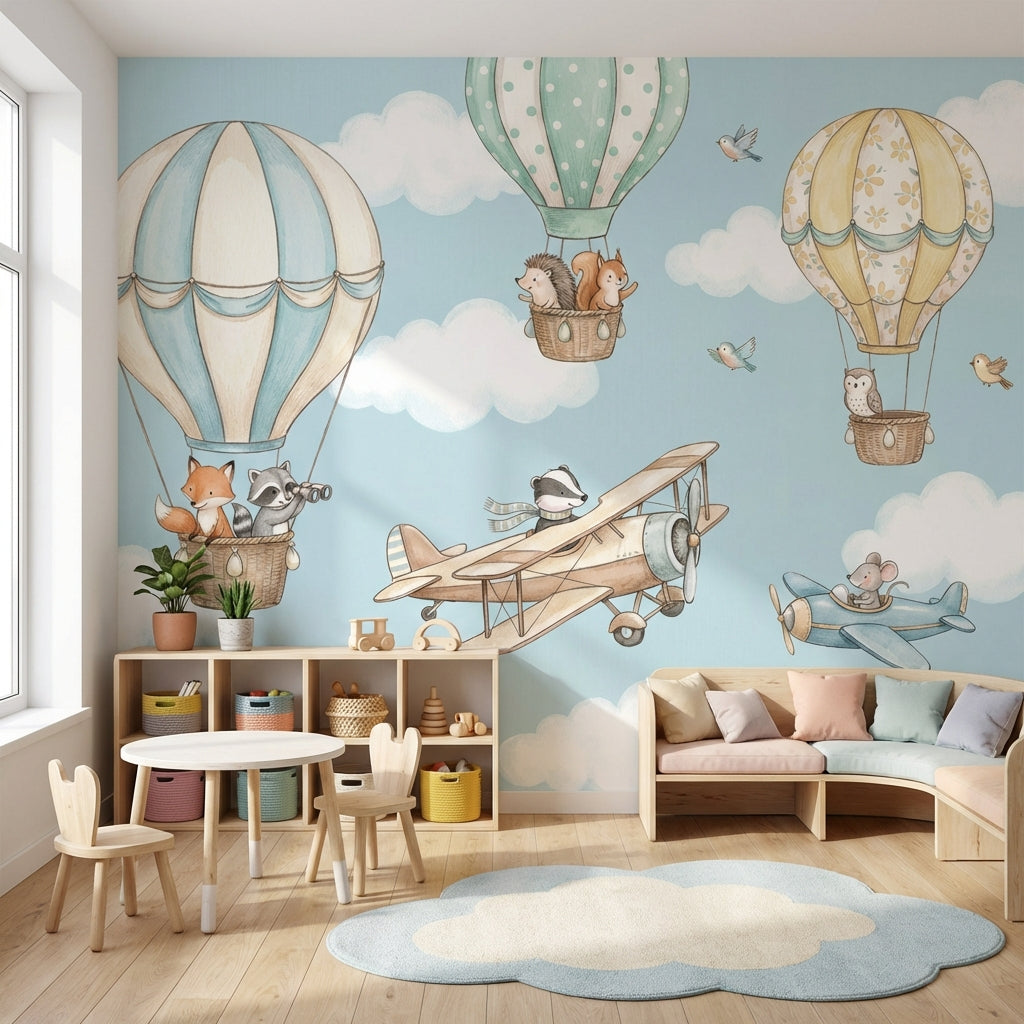 Whimsical Animals Wallpaper Hot Air Balloons Cartoonish Wall Mural