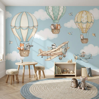 Whimsical Animals Wallpaper Hot Air Balloons Cartoonish Wall Mural