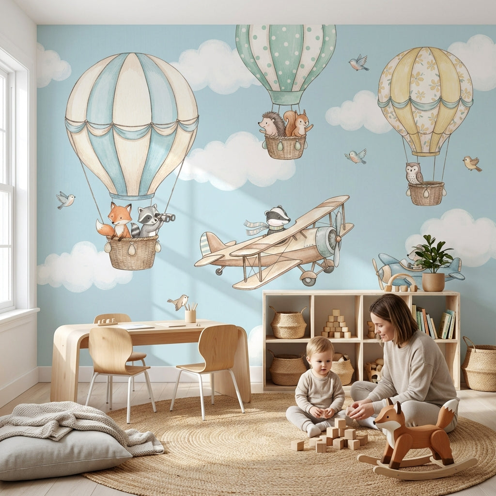 Whimsical Animals Wallpaper Hot Air Balloons Cartoonish Wall Mural