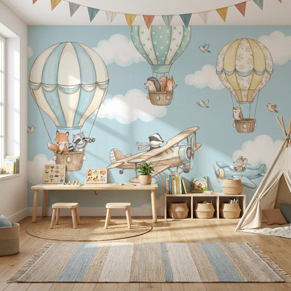 Whimsical Animals Wallpaper Hot Air Balloons Cartoonish Wall Mural