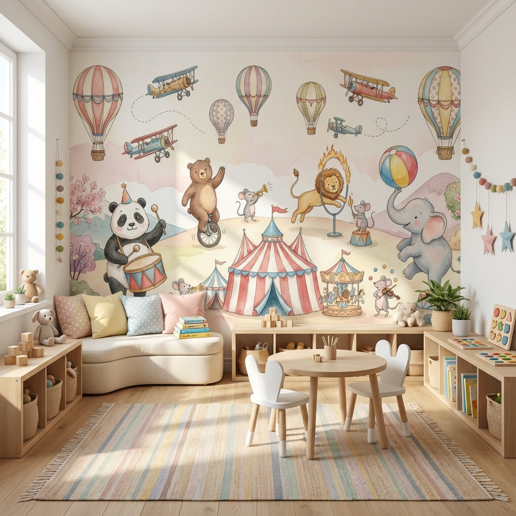 Circus Animals Wallpaper Hot Air Balloons Whimsical Wall Mural