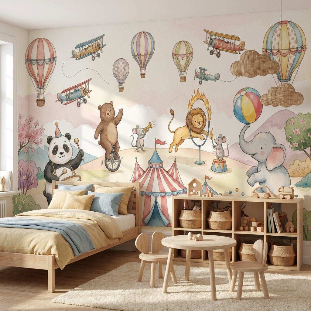 Circus Animals Wallpaper Hot Air Balloons Whimsical Wall Mural