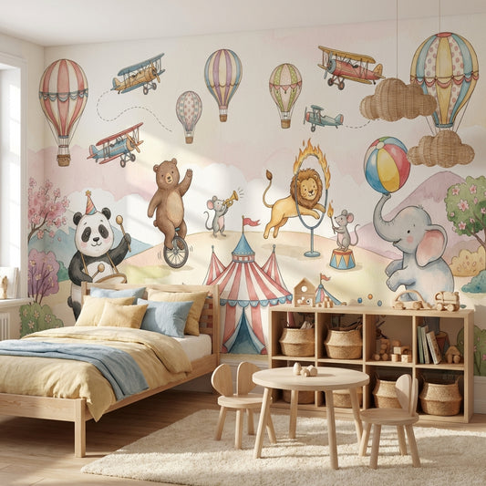 Circus Animals Wallpaper Hot Air Balloons Whimsical Wall Mural