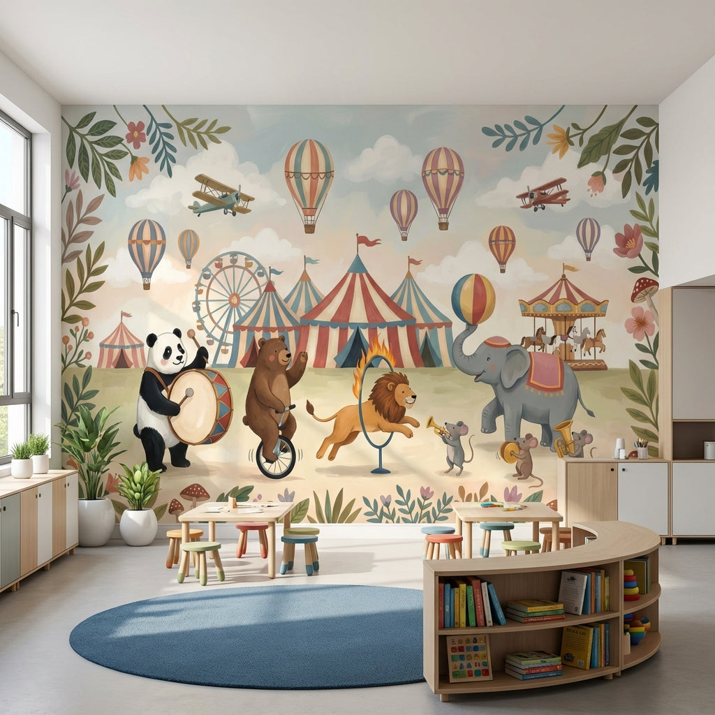 Circus Animals Wallpaper Whimsical Vintage Wall Mural
