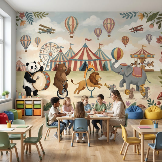Circus Animals Wallpaper Whimsical Vintage Wall Mural