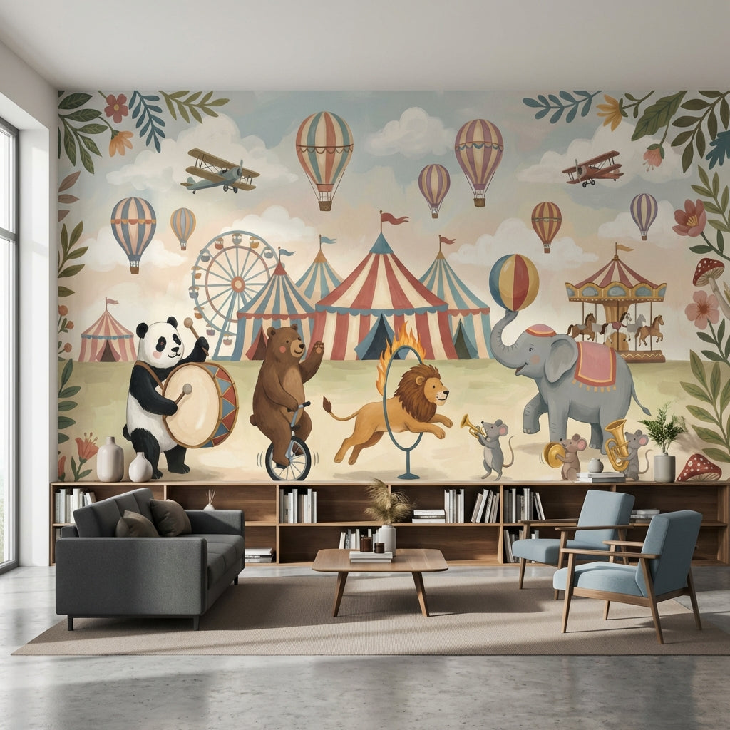 Circus Animals Wallpaper Whimsical Vintage Wall Mural