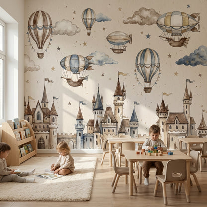 Castle Wallpaper Hot Air Balloons Fantasy Wall Mural