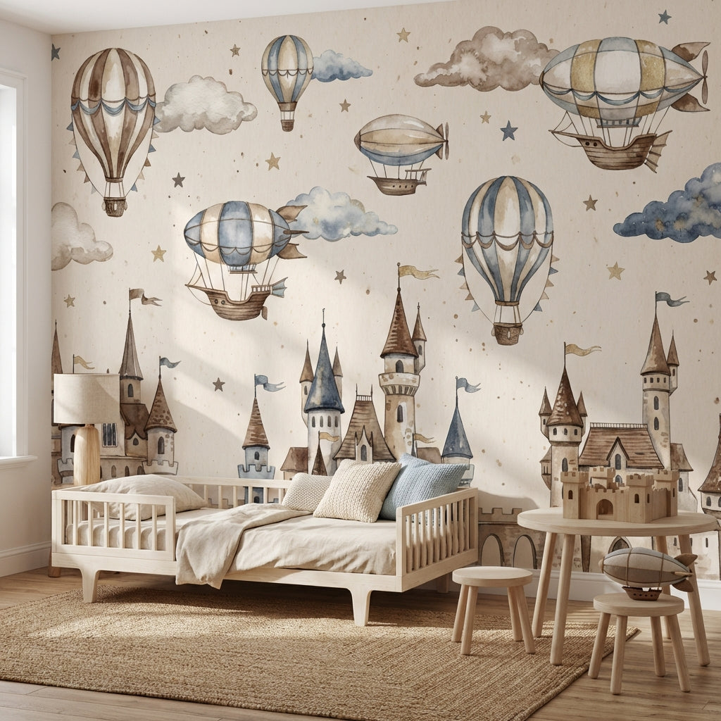 Castle Wallpaper Hot Air Balloons Fantasy Wall Mural