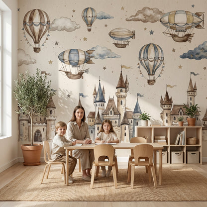 Castle Wallpaper Hot Air Balloons Fantasy Wall Mural