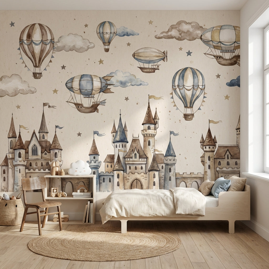 Castle Wallpaper Hot Air Balloons Fantasy Wall Mural