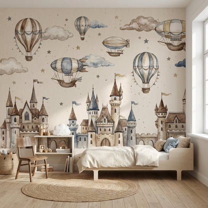 Castle Wallpaper Hot Air Balloons Fantasy Wall Mural