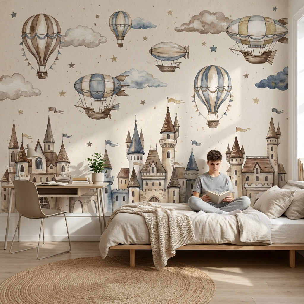Castle Wallpaper Hot Air Balloons Fantasy Wall Mural