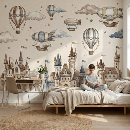 Castle Wallpaper Hot Air Balloons Fantasy Wall Mural