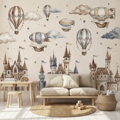 Castle Wallpaper Hot Air Balloons Fantasy Wall Mural