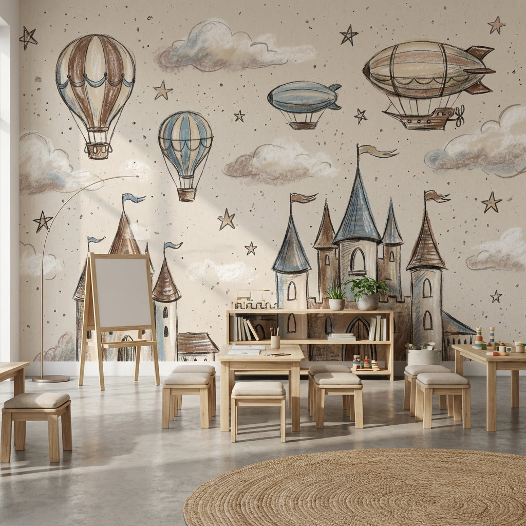 Whimsical Castle Wallpaper Sketch Stars Removable Wall Decor