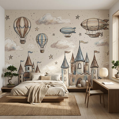 Whimsical Castle Wallpaper Sketch Stars Removable Wall Decor