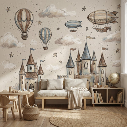 Whimsical Castle Wallpaper Sketch Stars Removable Wall Decor