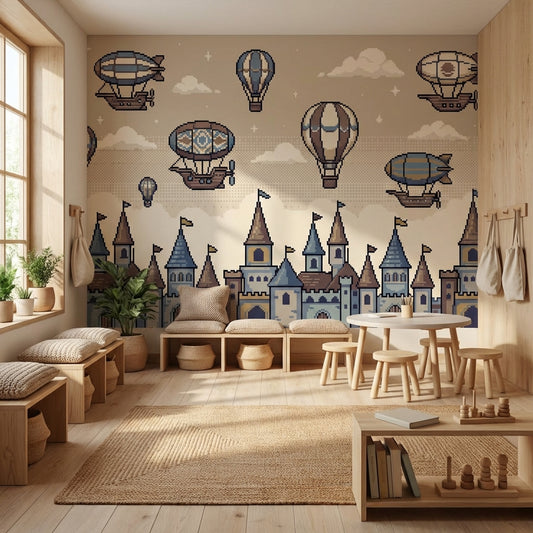 Hot Air Balloons Wallpaper Castle Vintage Wall Mural