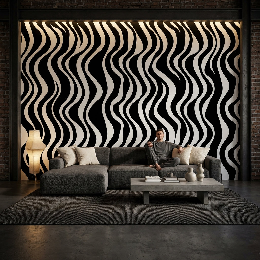 Black And White Wallpaper Wavy Abstract Wall Mural
