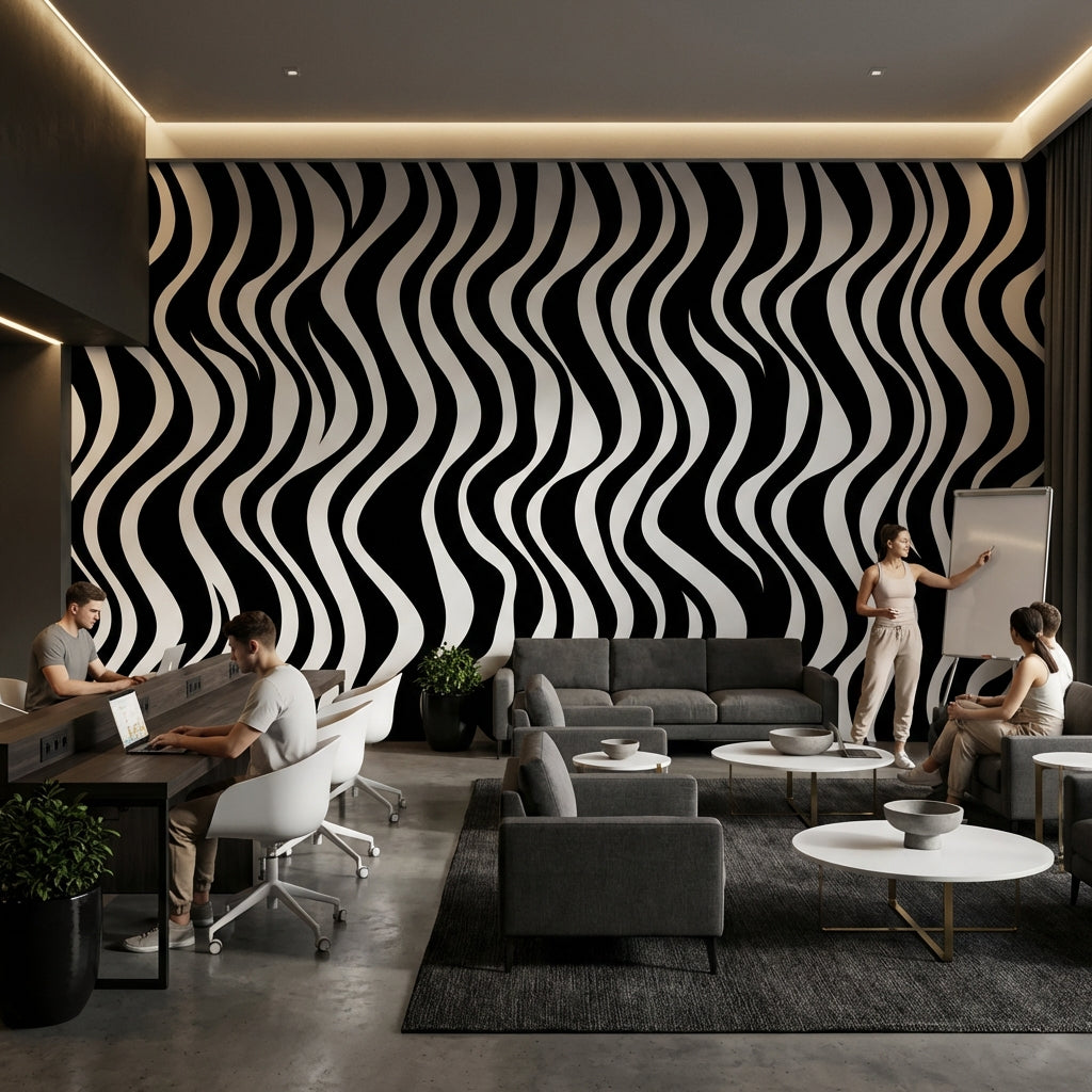 Black And White Wallpaper Wavy Abstract Wall Mural